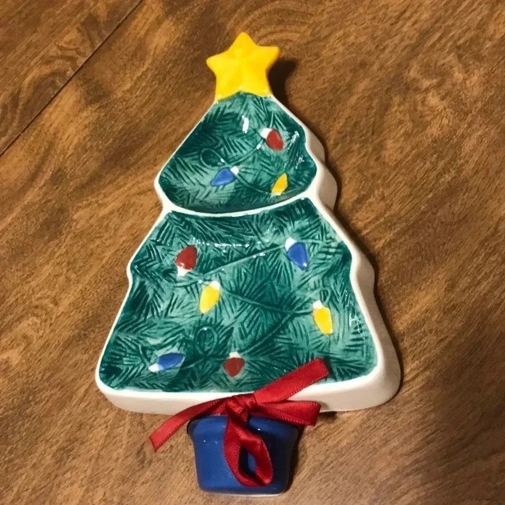 Hallmark‎ Ceramic Christmas Tree Candy Dish 2 Section Divided Server Tray Star